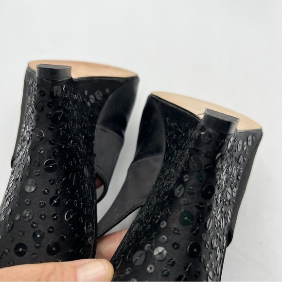 Steve Madden Shimer Black Slingback Buckle Sequin Peep Round Toe Wedge Heels - Picture 4 of 10